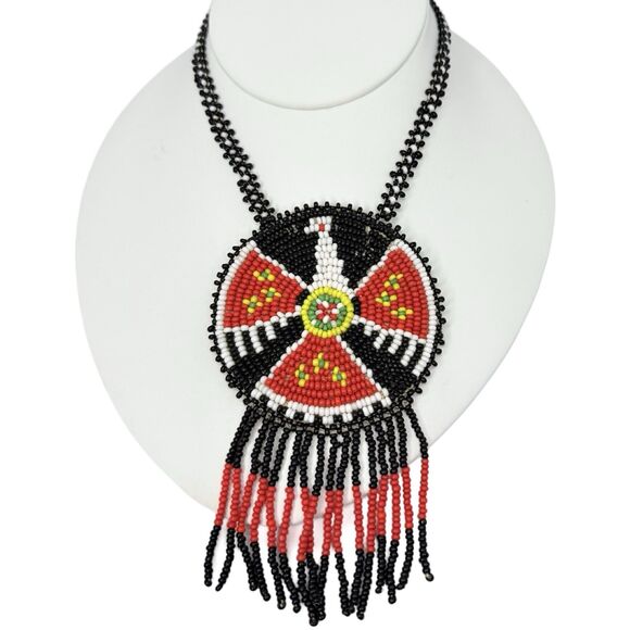 VTG Black Thunderbird Native American Medallion Necklace Seed Bead Leather Back - Picture 1 of 10